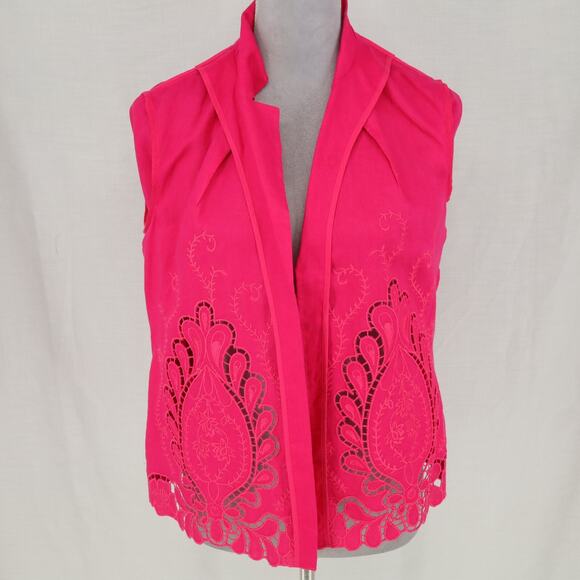Chicos Jacket 0 Womens 4 Small Linen Pink Embroidered Cut Outs Open Lightweight - Picture 11 of 16